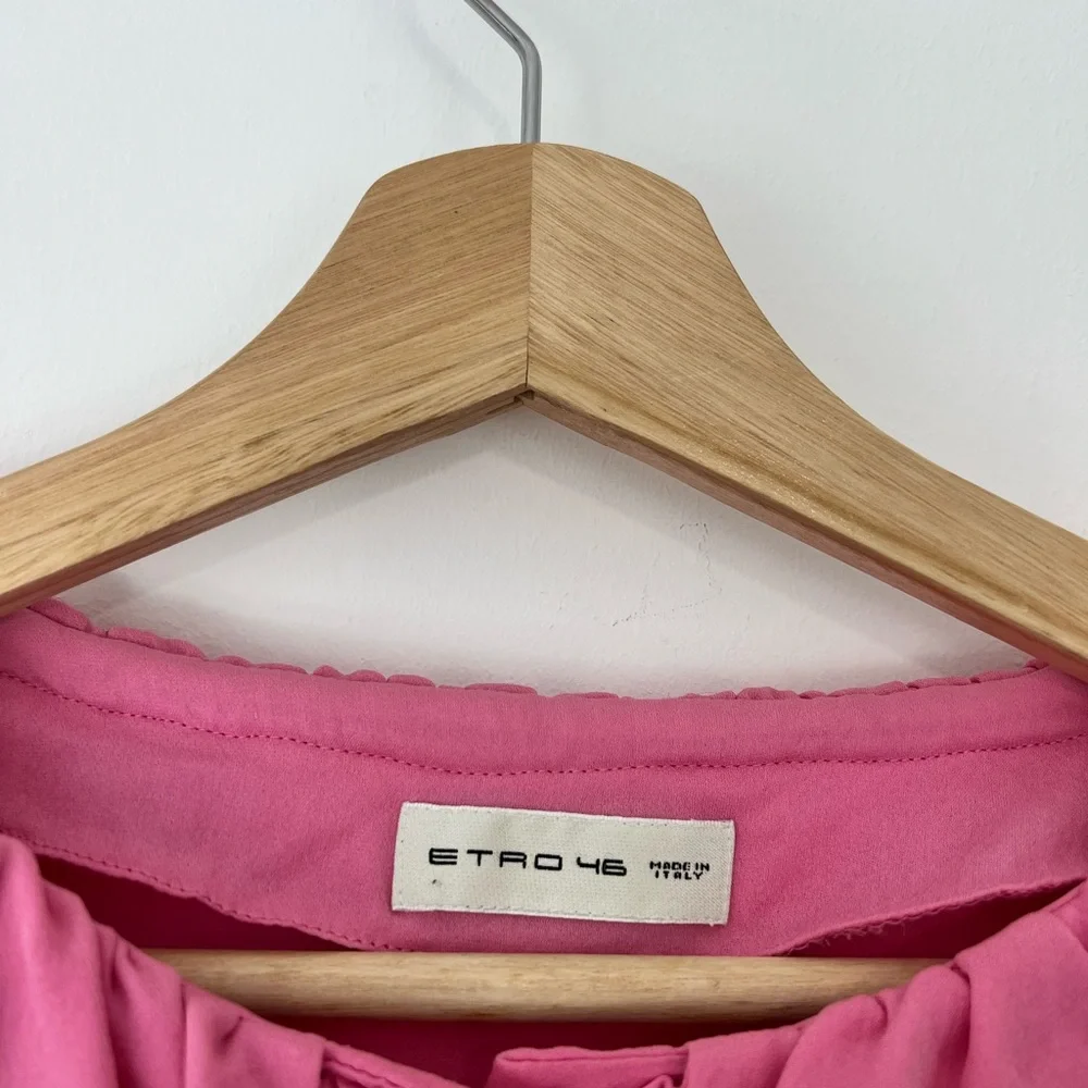 Etro Pink 100% Silk Ruffled Neckline Oversized Button Up Tie Blouse UK L - Picture 6 of 15